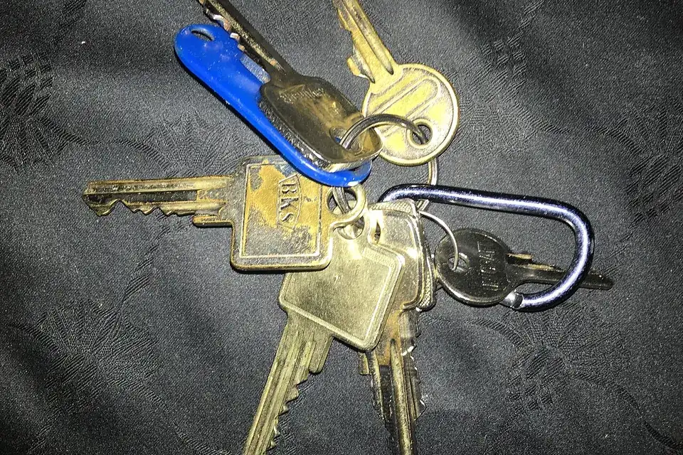Trousseau de clés de porte et un mousqueton posés sur un tissu sombre